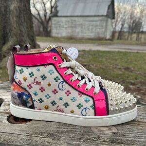 Christian Louboutin High Top Stud Sneakers 11 Logo Pink Blue Glitter Gym Shoes